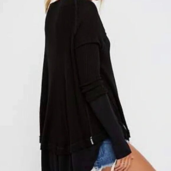 Free People Top Womens Small Black Laguna Thermal Oversized Waffle Knit - Picture 7 of 12